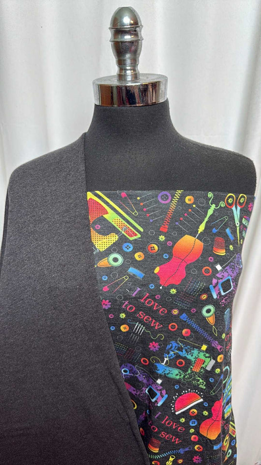 CHARCOAL/SEWING BUNDLE : 1.5YD Charcoal Sweatshirt Fleece & 1YD I Love Sewing PRS FT : A28125