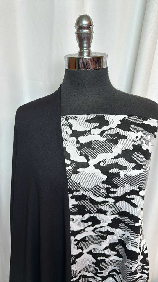 BLACK/WHITE CAMO BUNDLE : 1YD Black/White Camo Jacquard PF & 2YD Solid Black Peached PF : A28704