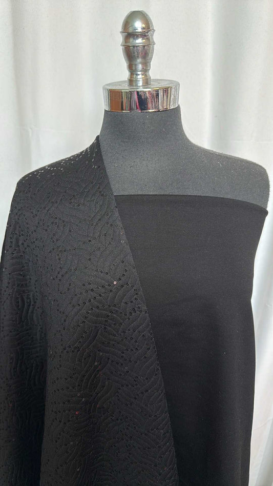 BLACK SEQUINS QUILTED BUNDLE : 2YD Black Quilted w/Sequins & 1YD Black Ponte : A28469