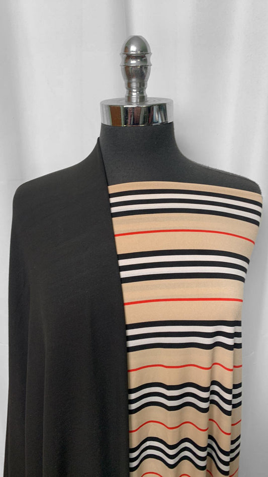 BLACK/BEIGE STRIPE BUNDLE : 2YD Beige Stripe ITY & 2YD Black Modal/Spandex 1x1 Rib : A2180