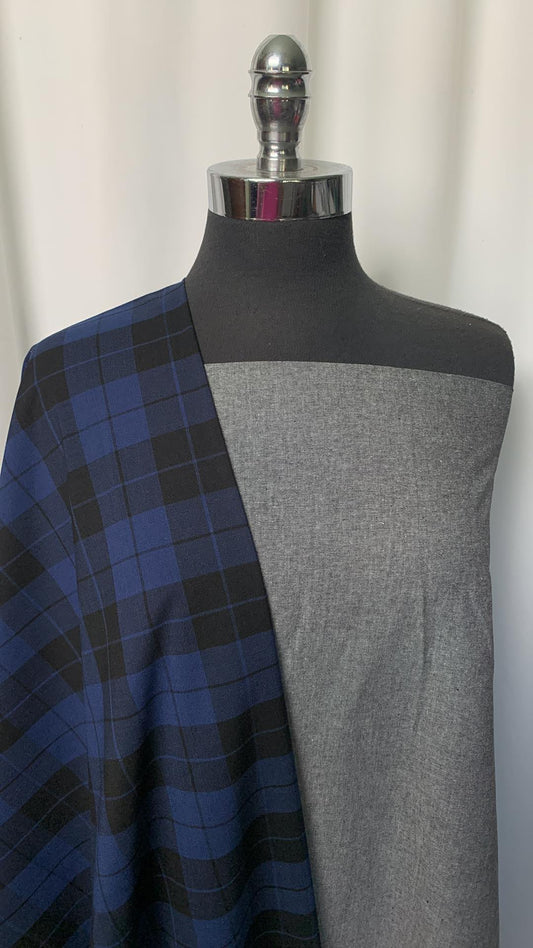 PLAID & CHAMBRAY BUNDLE : 2YD Black Chambray & 2YD Plaid Yarn-Dyed Poly/Rayon : A1475