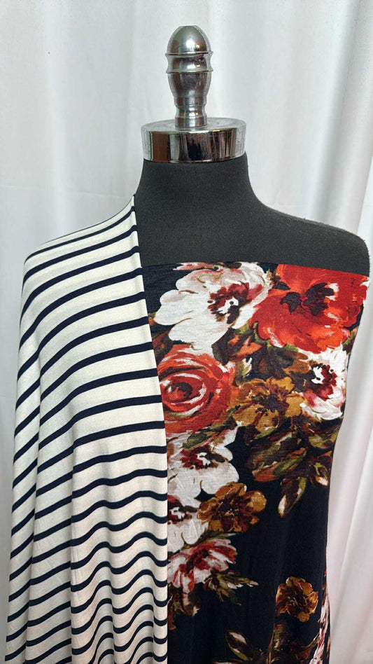 DARK FLORAL/STRIPE BUNDLE : 2YD Stripe Bamboo & 2YD Dark Floral R/S : A28023