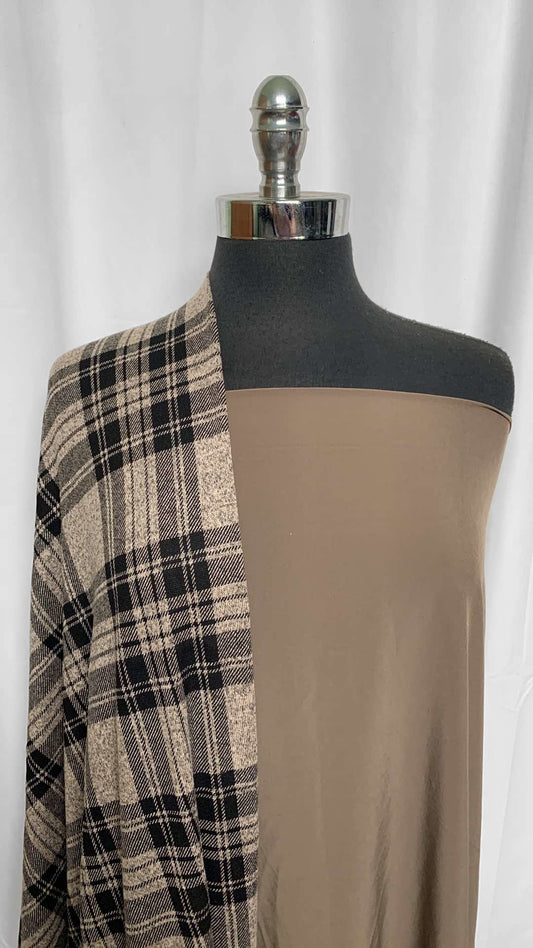 TAUPE/PLAID BUNDLE : 2YD Taupe Stretch Woven & 2YD Plaid Hacci SK : A25895