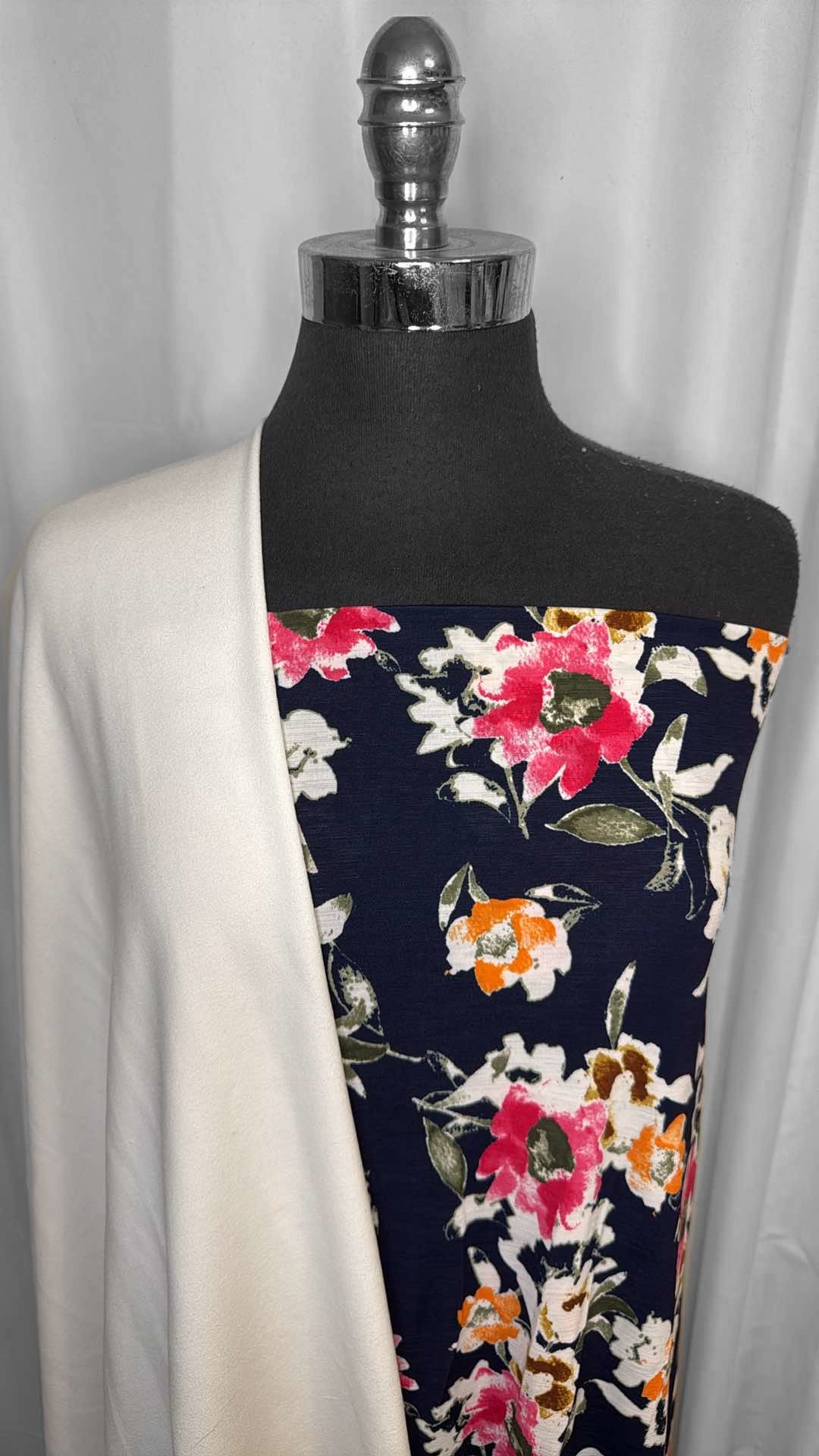 IVORY/NAVY & PINK FLORAL BUNDLE : 2YD Navy/Pink Floral Bulgari & 2YD Ivory Crepe Scuba : A26681