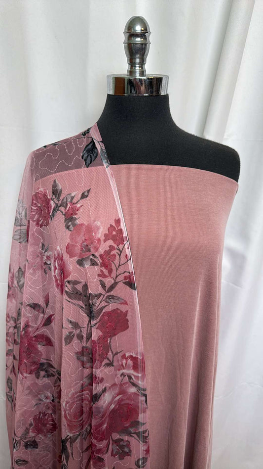 BLUSH FLORAL MESH BUNDLE : 2YD Solid Rib Cupro & 2YD Blush Floral 2-Way Mesh w/Sequins : A26106