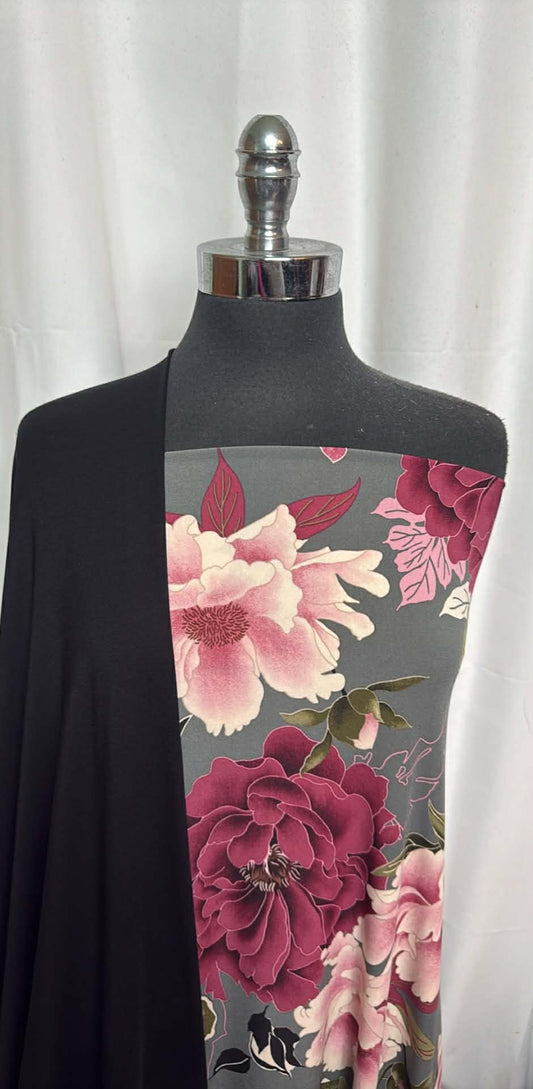 BLACK/GREY-PINK FLORAL BUNDLE : 3YD Grey/Pink Floral ITY & 2YD Black Modal/Spandex : A29575