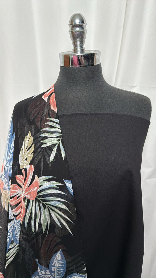 BLACK/FLORAL CHIFFON BUNDLE : 1.5YD Black Yoga PF & 3YD Black Floral Crinkle Chiffon : A27098