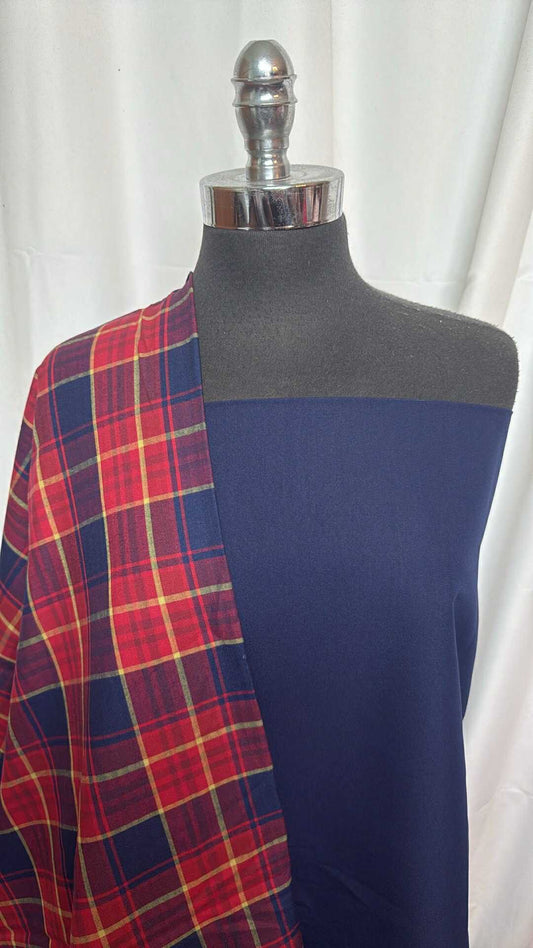 NAVY/RED PLAID BUNDLE : 2YD Navy Poly Woven (No Stretch) & 2YD Plaid Cotton Woven : A27903