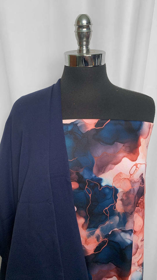 DOUBLE NAVY/ACID INK BUNDLE : 2YD Navy/Rose Gold Acid Ink Sport Fleece & 1.5YD Navy Sweatshirt Fleece (72" Wide) & 1YD Navy Rib : A25889