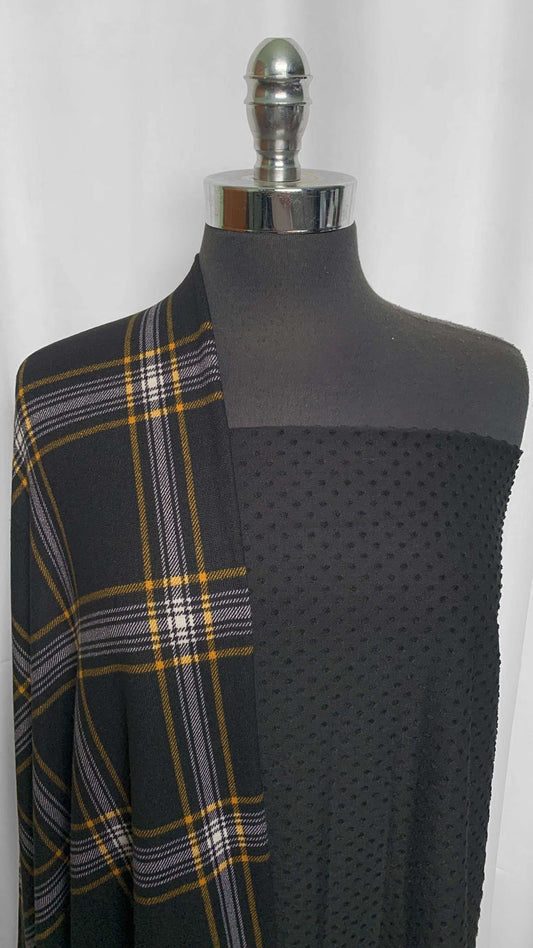 SWISS DOT/PLAID BUNDLE : 2YD Black Swiss Dot & 2YD Black/Gold Plaid Brushed Hacci SK : A25744