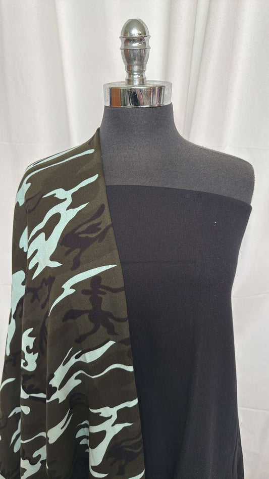 BLACK/OLIVE CAMO BUNDLE : 1.5YD Black Sweatshirt Fleece (72" Wide) & 2YD Camo Cotton FT : A26502