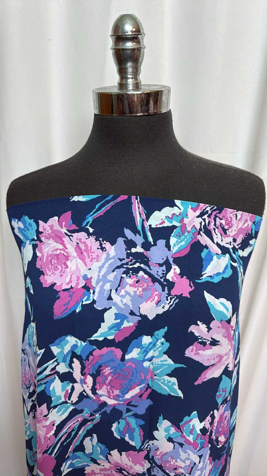 Blue/Pink Floral - Poly Wool Dobby - 2 Yard Cut