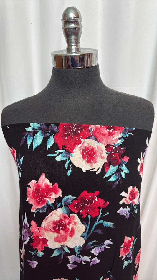 Black/Red/Pink Floral - Rayon Woven - 2 Yard Cut