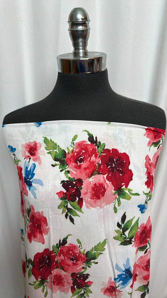 Ivory/Red/Pink Floral - Rayon Woven - 2 Yard Cut