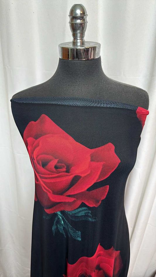 Black/Red Roses - Stretch Mesh - 2 Yard Cut