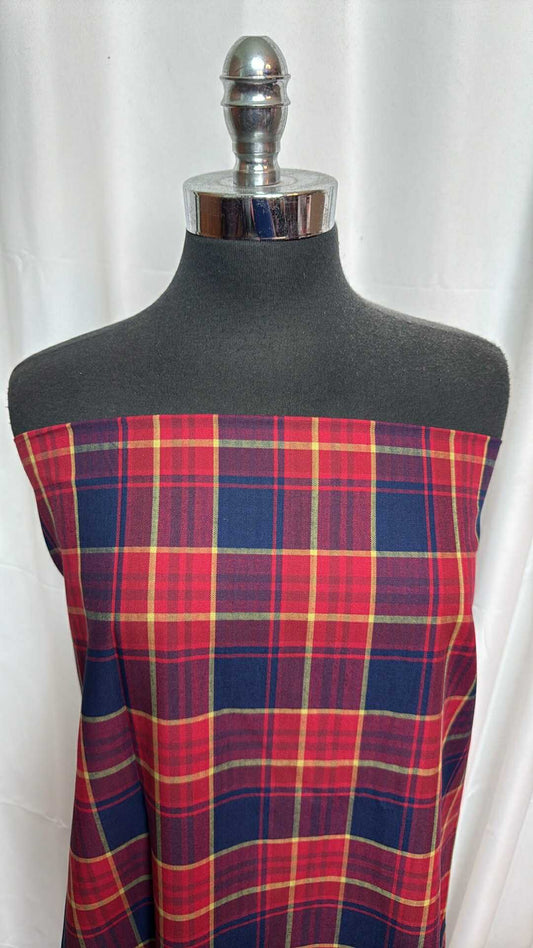 Navy/Red Plaid - Poly/Cotton Woven Shirting - 2 Yard Cut