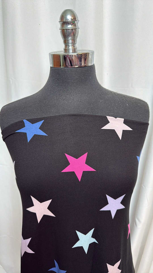 Multi Stars on Black - Double Brushed Poly Spandex - 2 Yard Cut