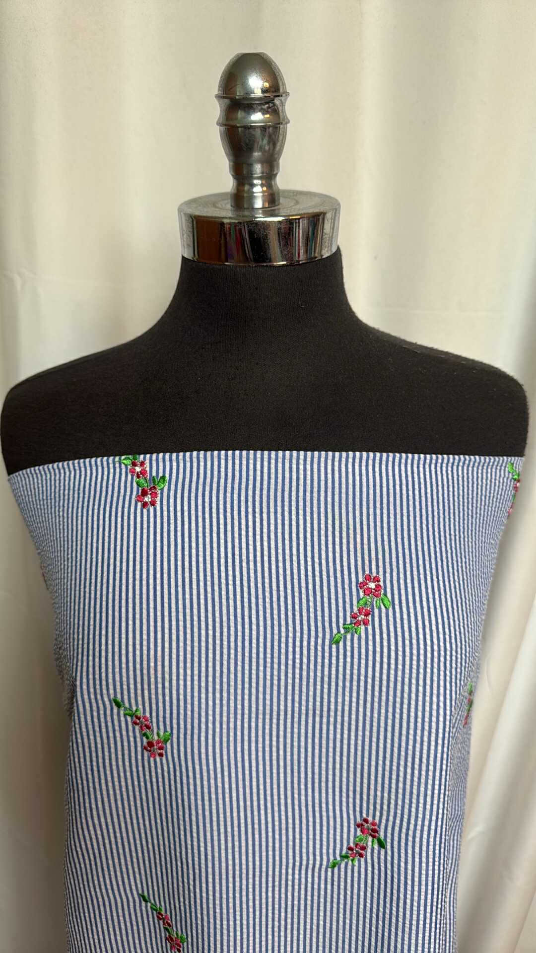 Blue Stripe w/Embroidered Flowers - Seersucker Poly Woven - 2 Yard Cut