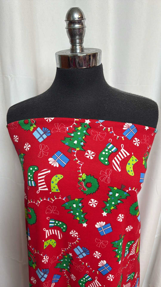 Red Christmas Icons - Cotton Rib Knit - 2 yard Cut