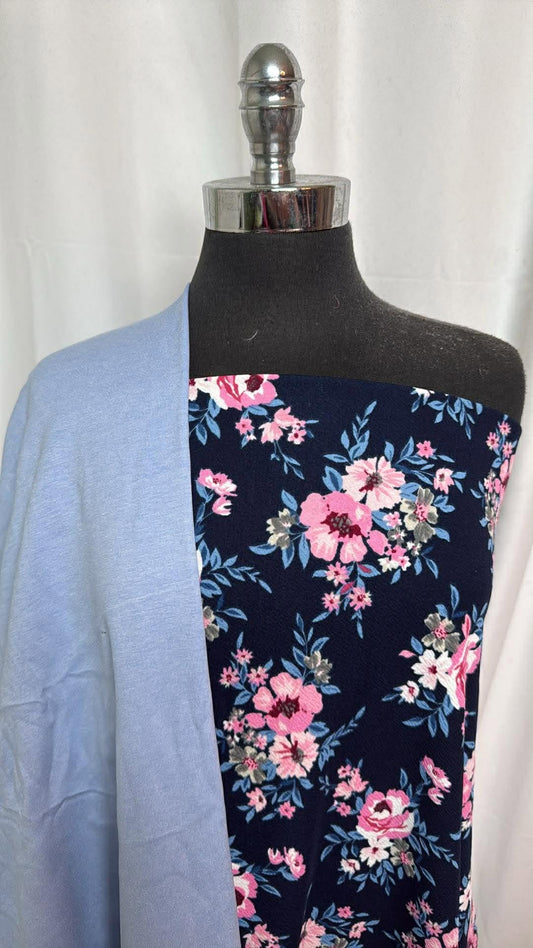LIGHT BLUE/NAVY FLORAL BUNDLE : 2YD Navy Floral Liverpool & 2YD Light Blue Nylon Ponte : A30243