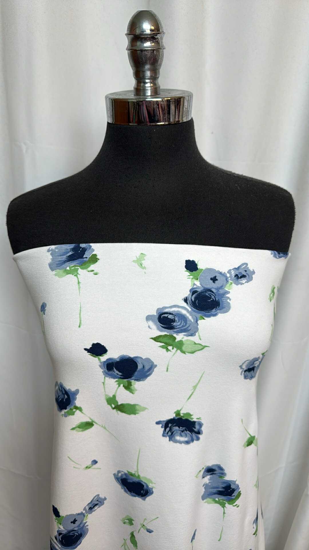 Ivory/Blue Floral - Cotton/Spandex 1x1 Rib Knit - 2 Yard Cut
