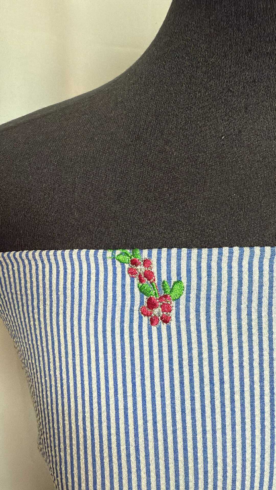 Blue Stripe w/Embroidered Flowers - Seersucker Poly Woven - 2 Yard Cut