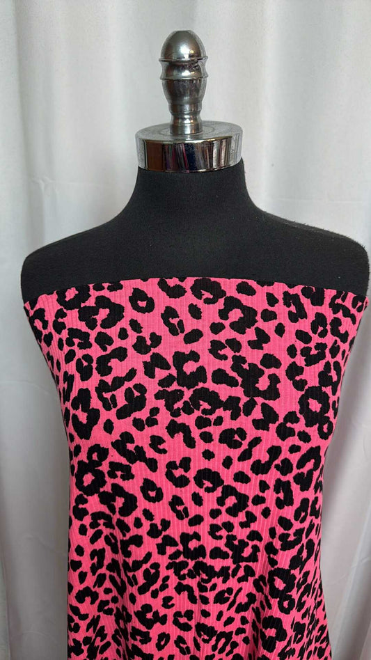 Pink Leopard - Poly Rayon Spandex Rib Knit - 2 Yard Cut
