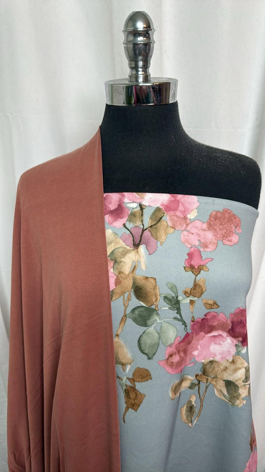 CINNAMON ROSE/WATERCOLOR FLORAL BUNDLE : 2YD Watercolor Floral Scuba & 2YD Cinnamon Rose Cupro : A30246