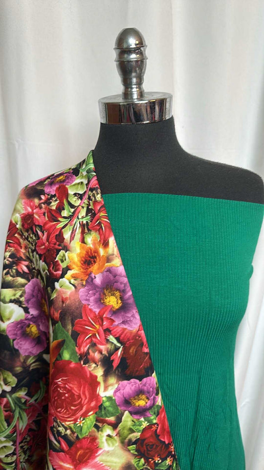 GREEN/FLORAL BUNDLE : 1+YD Floral Scuba & 2YD Green R/S Rib : A28555