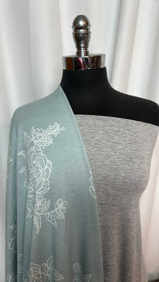 HEATHER GREY/MINT FLORAL BUNDLE : 2YD Mint Floral PRS FT & 2YD Heather Grey Cotton/Modal : A28813