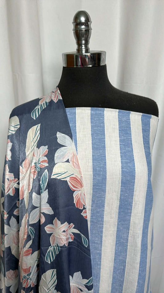 SATIN FLORAL/STRIPES BUNDLE : 2YD Linen-Blend Stripes & 2YD Floral P/R Satin : A29369