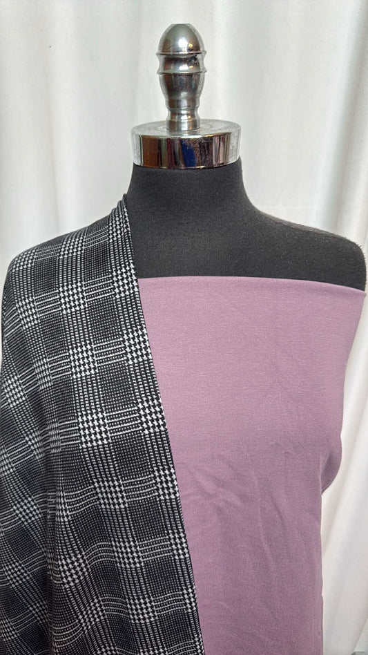 MAUVE/PLAID BUNDLE : 2YD Plaid Brushed Hacci SK & 1.5YD Mauve Nylon Ponte : A28150
