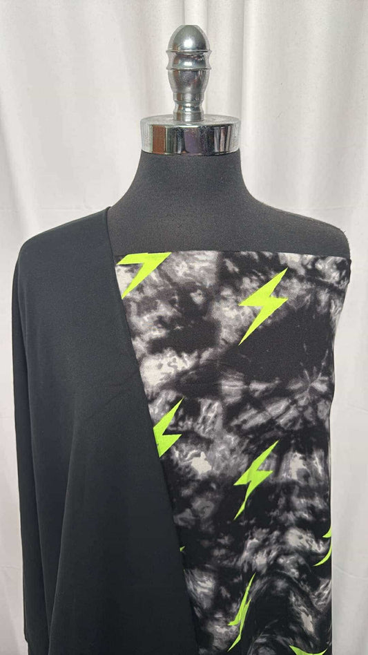 BLACK/TIE DYE BOLTS BUNDLE : 1YD Tie Dye Bolts DBP & 2YD Black Special Purchase Single-Brushed PF : A26553