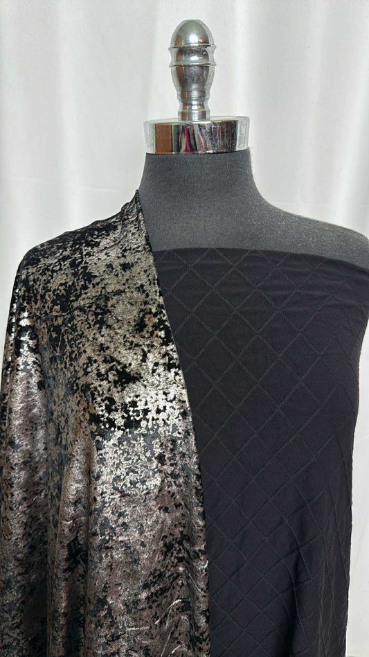 QUILTED/VELVET BUNDLE : 2YD Black Faux Quilted PF & 1.5YD Foil 4-Way Stretch Velvet : A29150