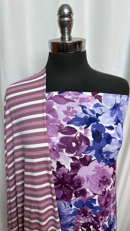 PURPLE FLORAL/STRIPE BUNDLE : 2YD Purple Floral Modal/Spandex & 2YD Stripe R/S Rib : A28373