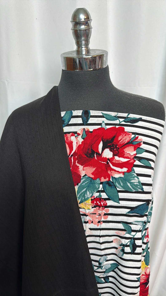 BLACK TEXTURED/FLORAL STRIPE BUNDLE : 2YD Floral/Stripe Rayon Woven & 2YD Black Textured Woven : A27946