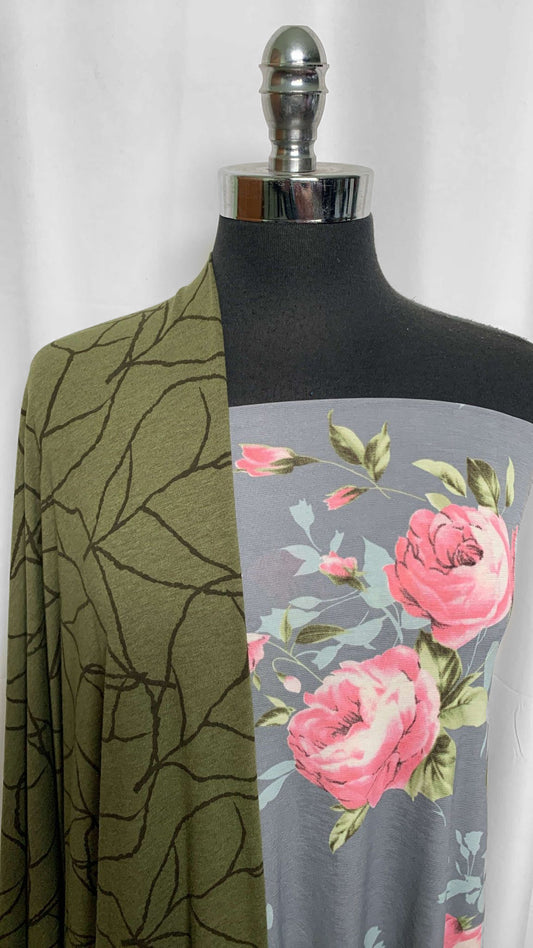 SILVER FLORAL/OLIVE LEAVES BUNDLE : 2YD Silver Floral Bulgari & 2YD Olive Leaves Bamboo/Poly : A25697