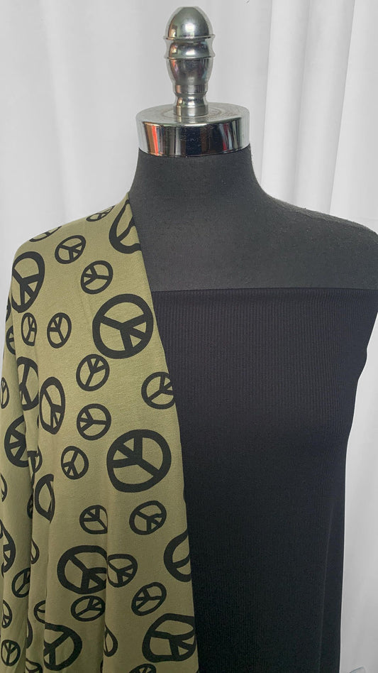 BLACK/OLIVE PEACE BUNDLE : 2YD Black Heavy Flat-Back Rib PF & 3YD Olive Peace Sign Brushed FT : A25559