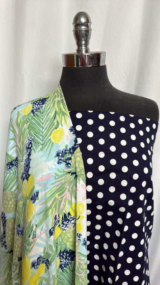 NAVY DOT/FRUIT BUNDLE : 2YD Navy Dot Linen Blend Woven & 2YD Fruit Bubble Crepe : A29777
