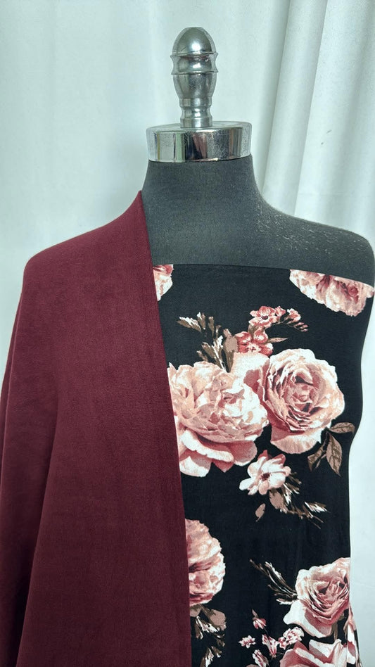 BURGUNDY/BLACK FLORAL BUNDLE : 2YD Black Floral DBP & 2YD Burgundy Oakley SK : A30973