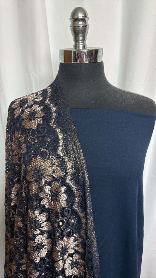 NAVY/STRETCH LACE BUNDLE : 2YD Navy Peached PF & 2YD Double-Border Stretch Lace : A29520