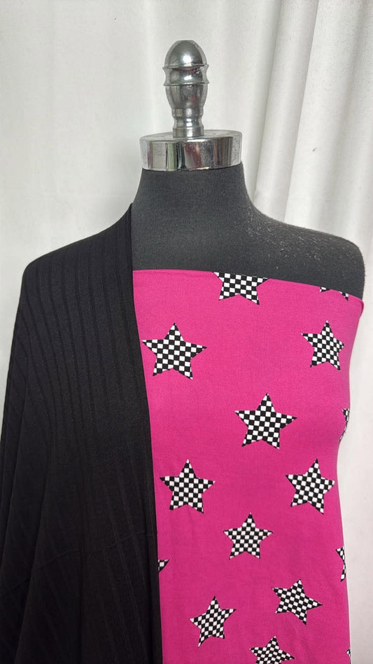 BLACK/PINK CHECK STAR BUNDLE : 2YD Pink Check Star DBP & 2YD Black Light-Weight Rib SK : A31033
