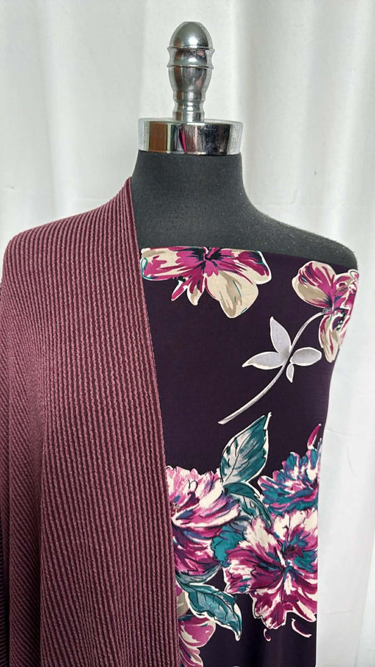 EGGPLANT FLORAL/URBAN RIB BUNDLE : 2YD Eggplant Floral ITY & 1.5YD Urban Rib : A29582