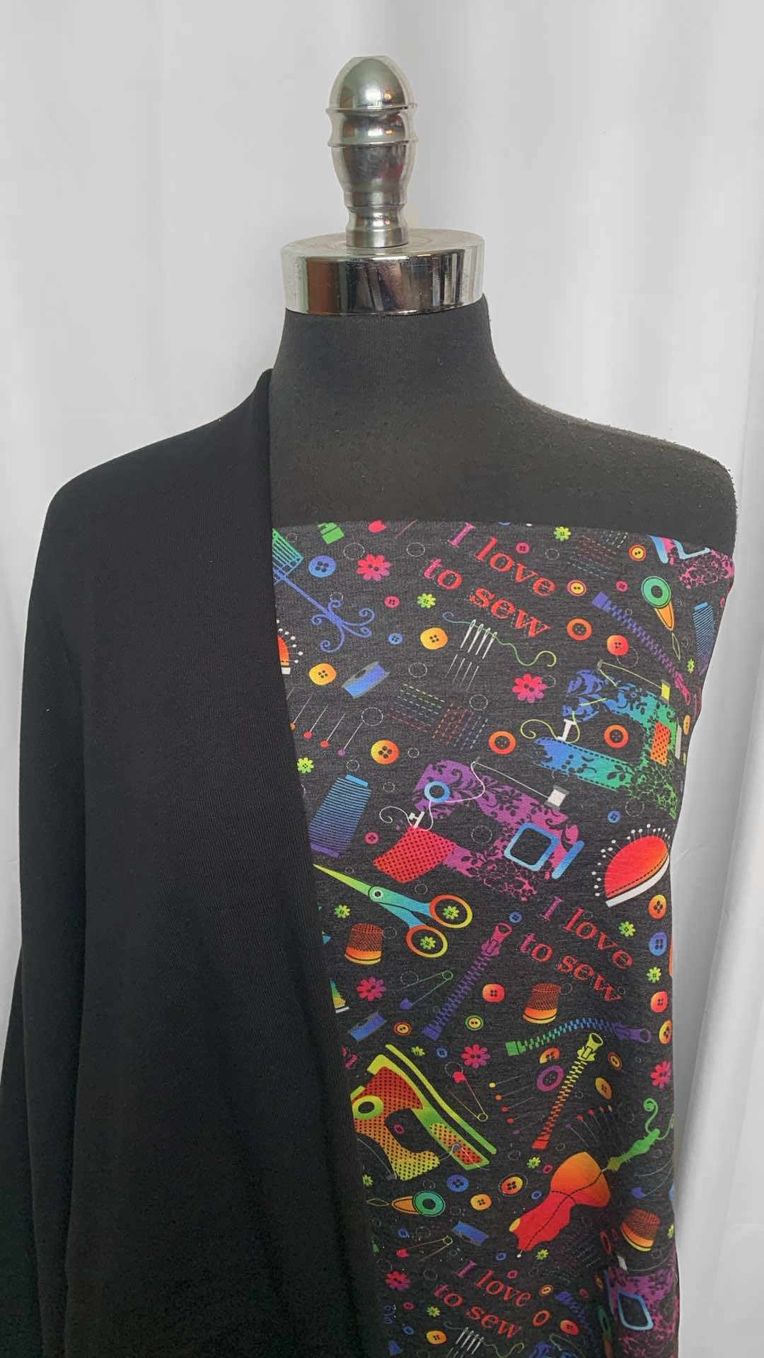 BLACK/LOVE TO SEW BUNDLE : 30" Cut of Sewing FT & 1+YD Black Sweatshirt Fleece : A26011