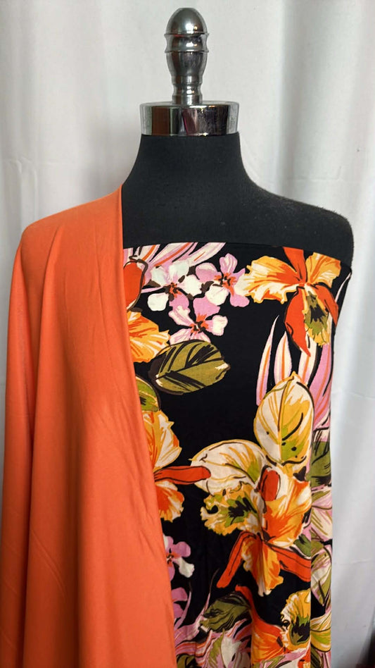 ORANGE/TROPICAL FLORAL BUNDLE : 2YD Tropical Floral N/S Swim & 2YD Orange Tricot Lining : A29540