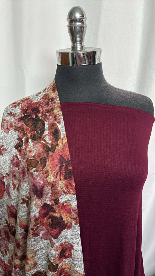 BURGUNDY/FLORAL HACCI BUNDLE : 2YD Burgundy Knit Gauze & 2YD Floral Brushed Hacci SK : A29892