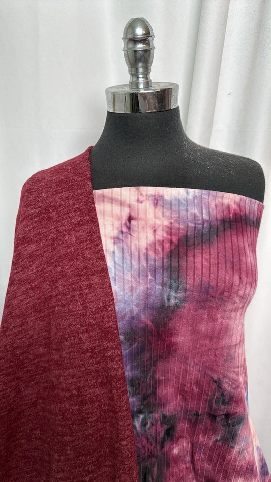 BURGUNDY/TIE DYE RIB BUNDLE : 2.5YD Tie Dye Rib DBP & 3YD Burgundy Brushed Hacci SK : A31045