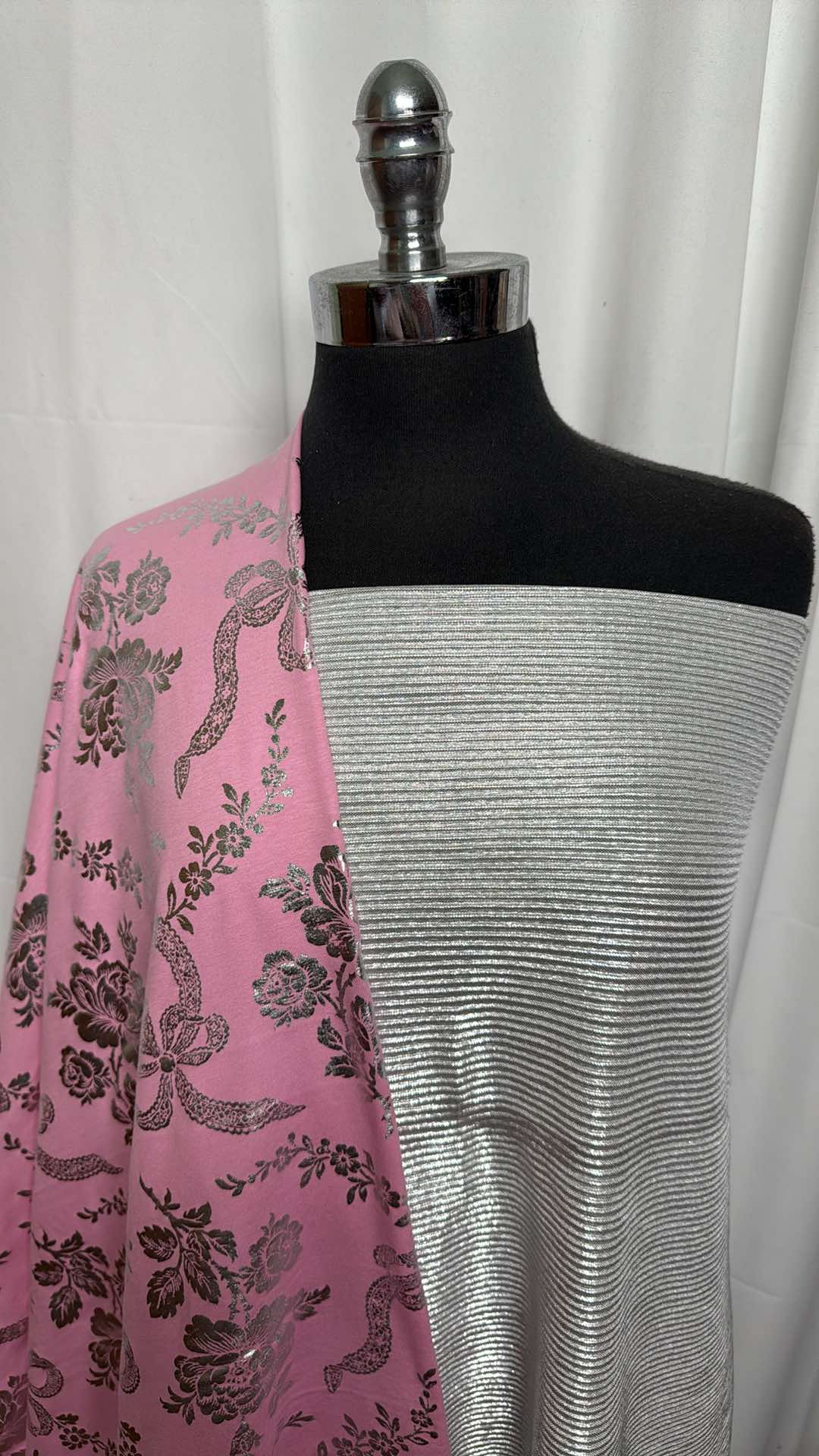 PINK FLORAL/SILVER PLEATS BUNDLE : 1.5YD Pink Floral Foil Cotton Jersey & 2YD Silver Pleated Foil Woven : A27333