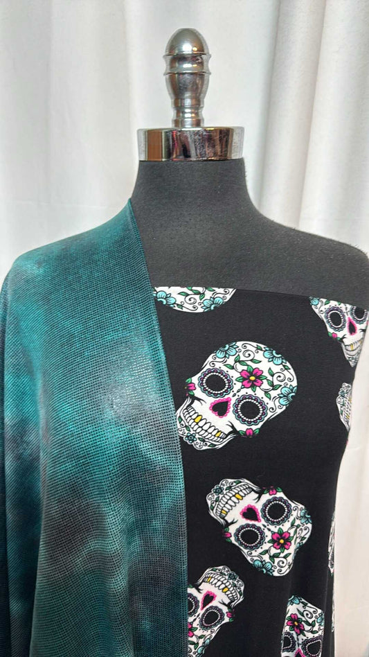 TEAL TIE DYE/SKULLS BUNDLE : 2YD Teal Tie Dye Hacci SK w/Foil & 2YD Sugar Skulls DBP : A28807