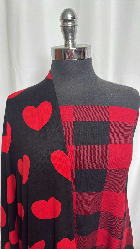 BLACK-RED/PLAID-HEARTS BUNDLE : 2YD Black/Red Hearts Oakley SK & 1.5YD Black/Red Buffalo Plaid Oakley SK : A28892